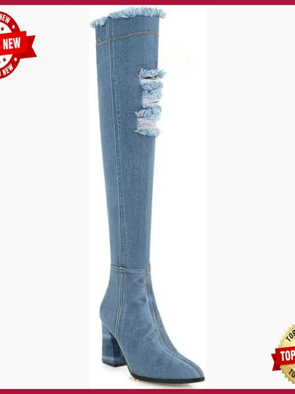 Denim Thigh High Boots Pointed Toe Block Heel Over The Knee
